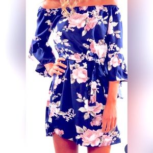Boutique Navy Floral Dress With Waist Tie